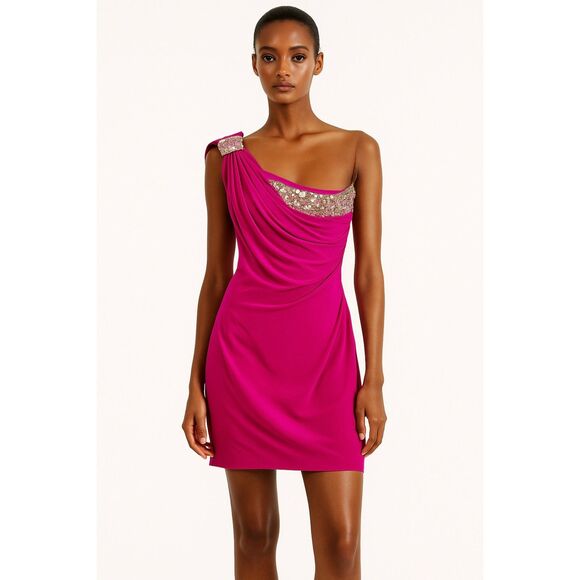 Marchesa Notte One Shoulder Silk Cocktail Mini Dress 4 - Picture 1 of 13